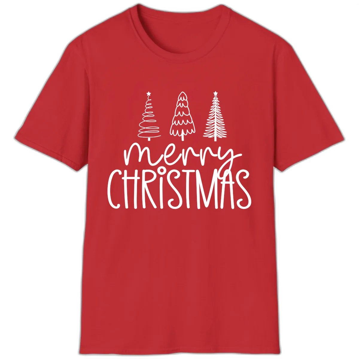 Merry Christmas Trees Typography T-Shirt in Red