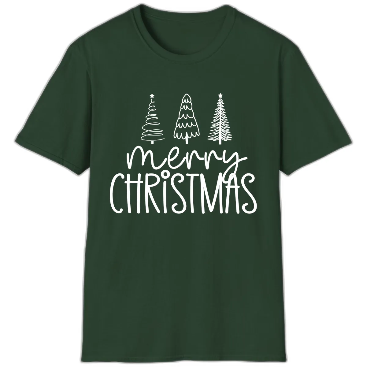Merry Christmas Trees Typography T-Shirt in Forest Green
