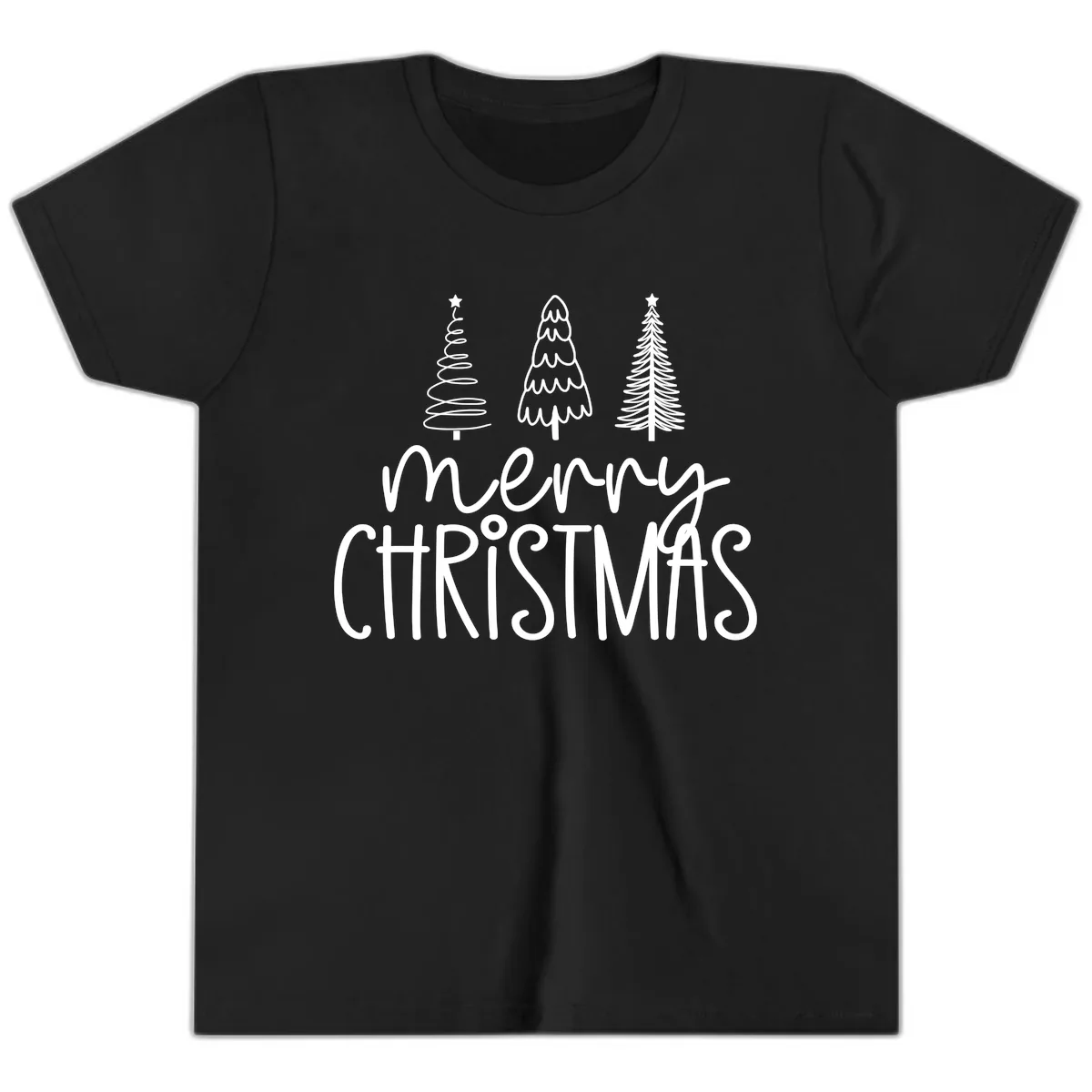 Merry Christmas Trees Typography Youth T-Shirt in Black