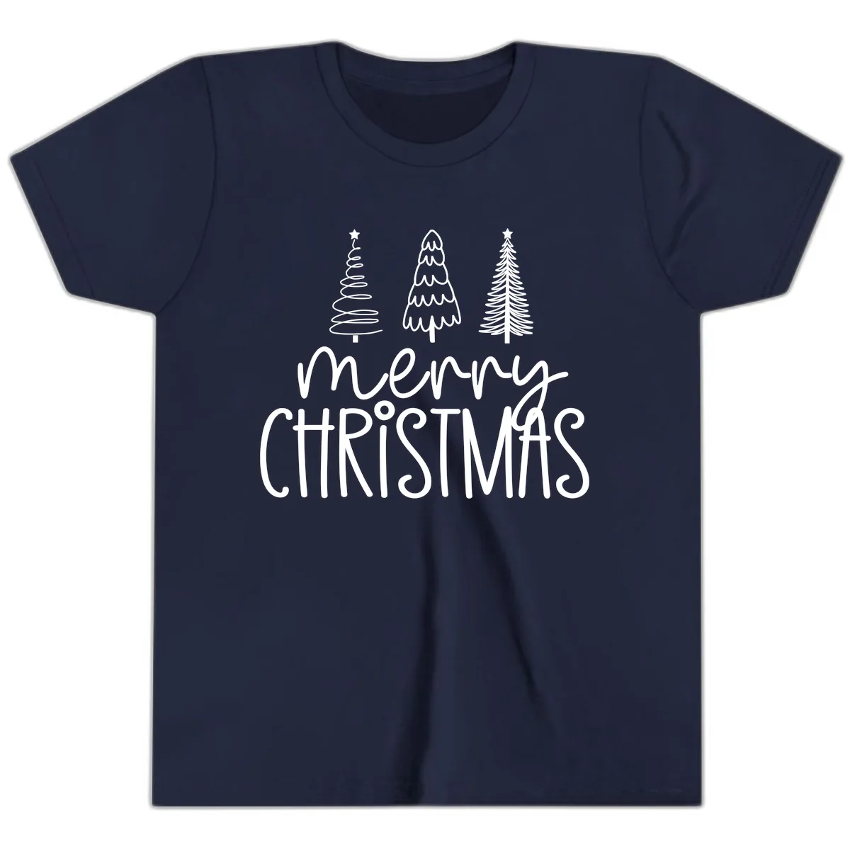 Merry Christmas Trees Typography Youth T-Shirt in Navy