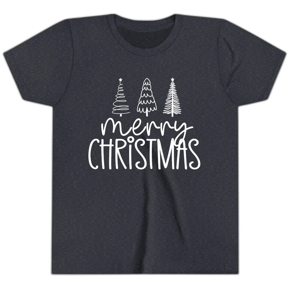 Merry Christmas Trees Typography Youth T-Shirt in Heather Navy