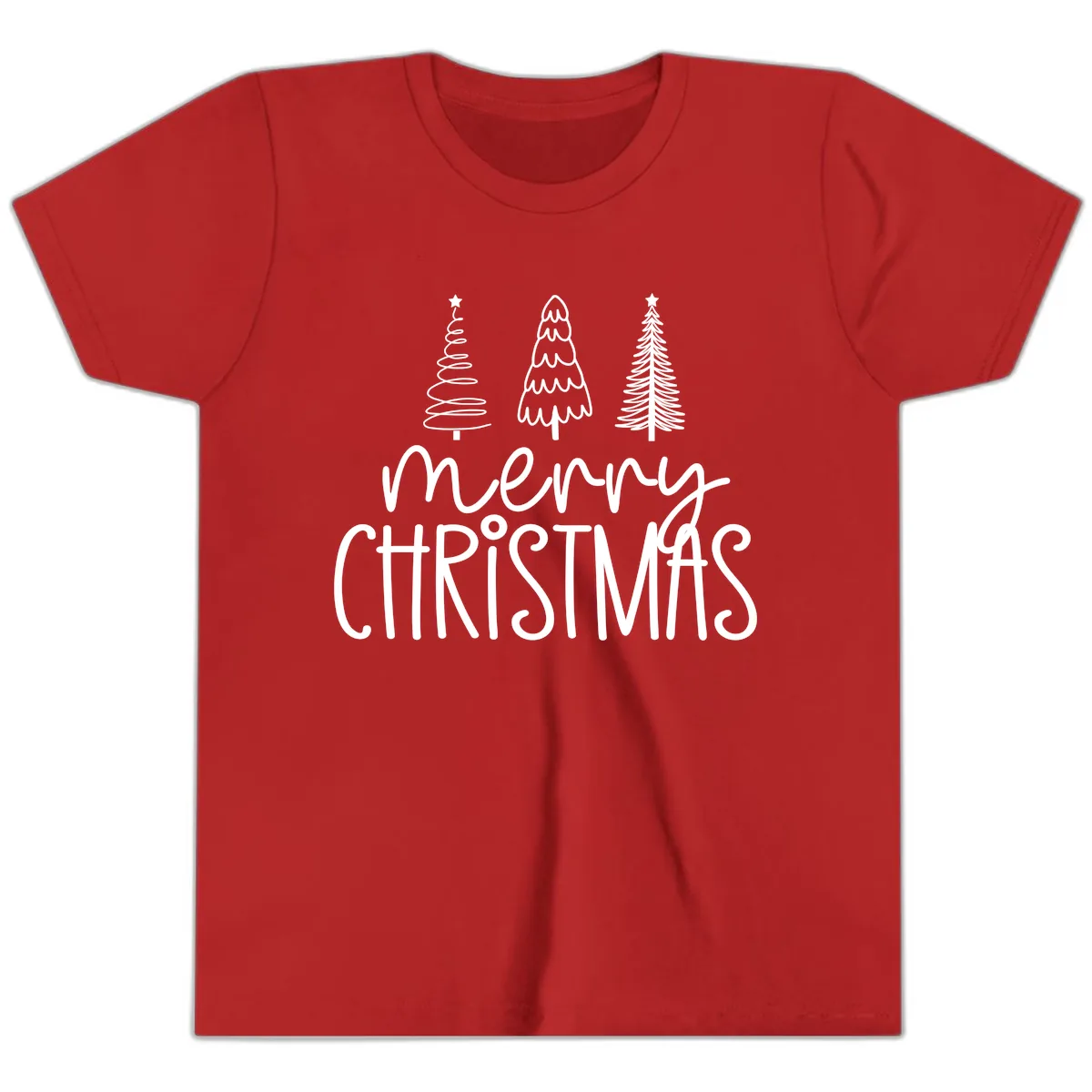 Merry Christmas Trees Typography Youth T-Shirt in Red