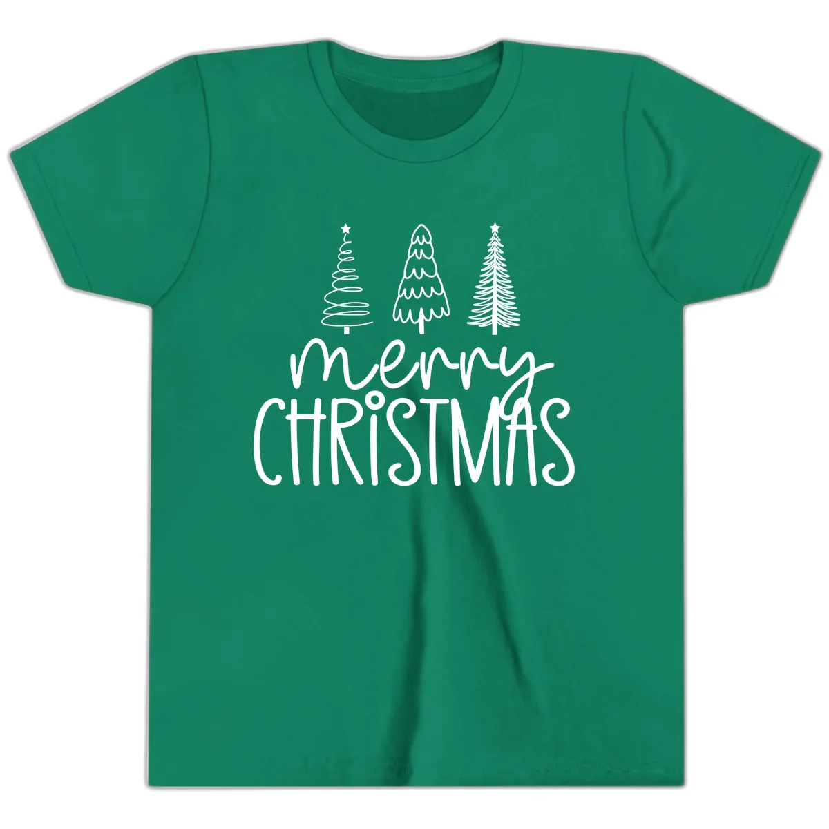 Merry Christmas Trees Typography Youth T-Shirt in Kelly
