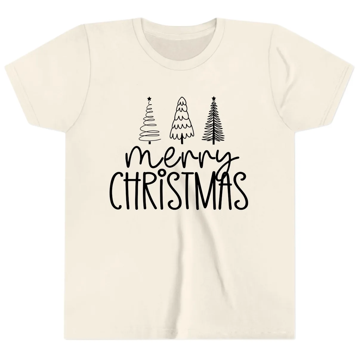 Merry Christmas Trees Typography Youth T-Shirt in Natural
