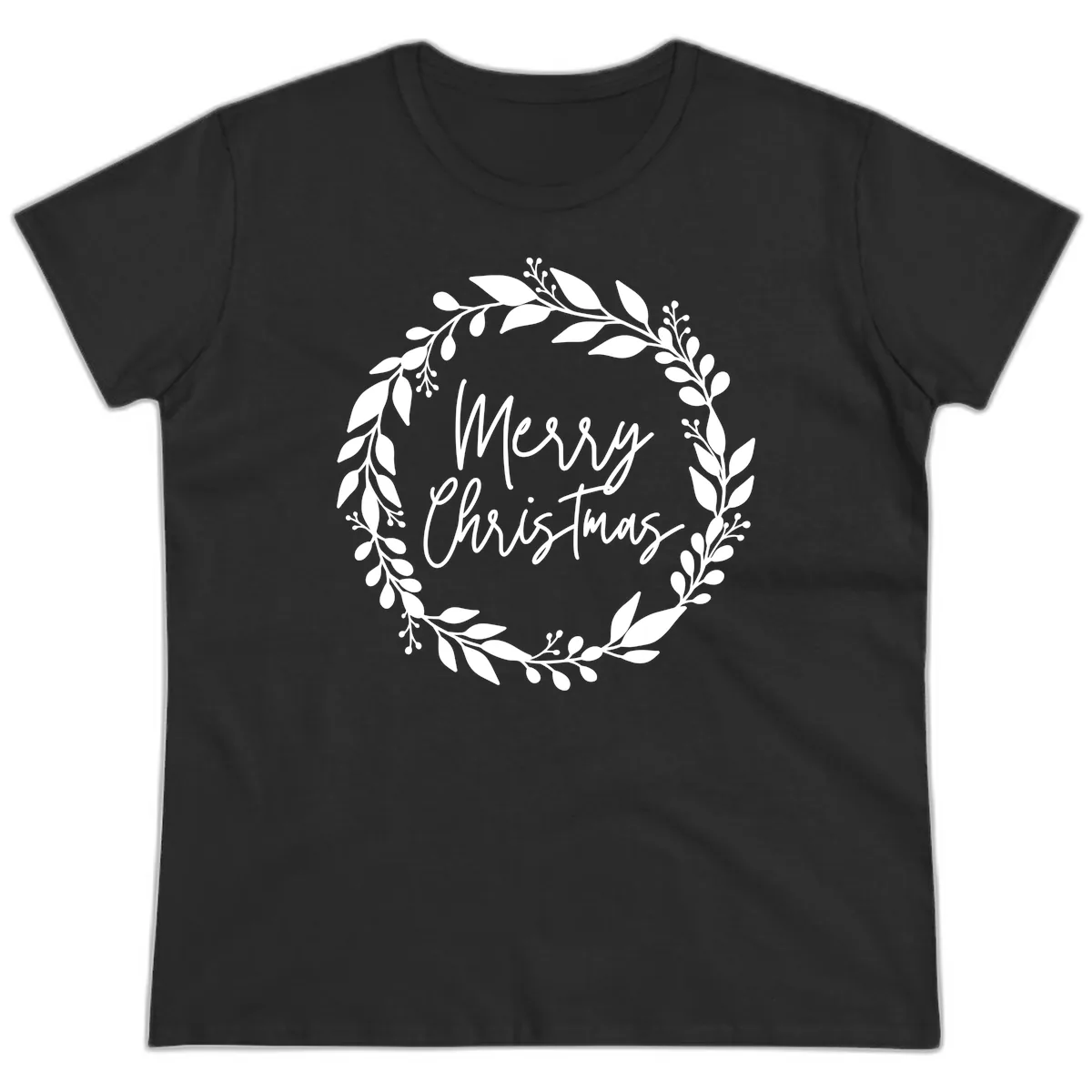 Merry Christmas Wreath Ladies Tee in Black