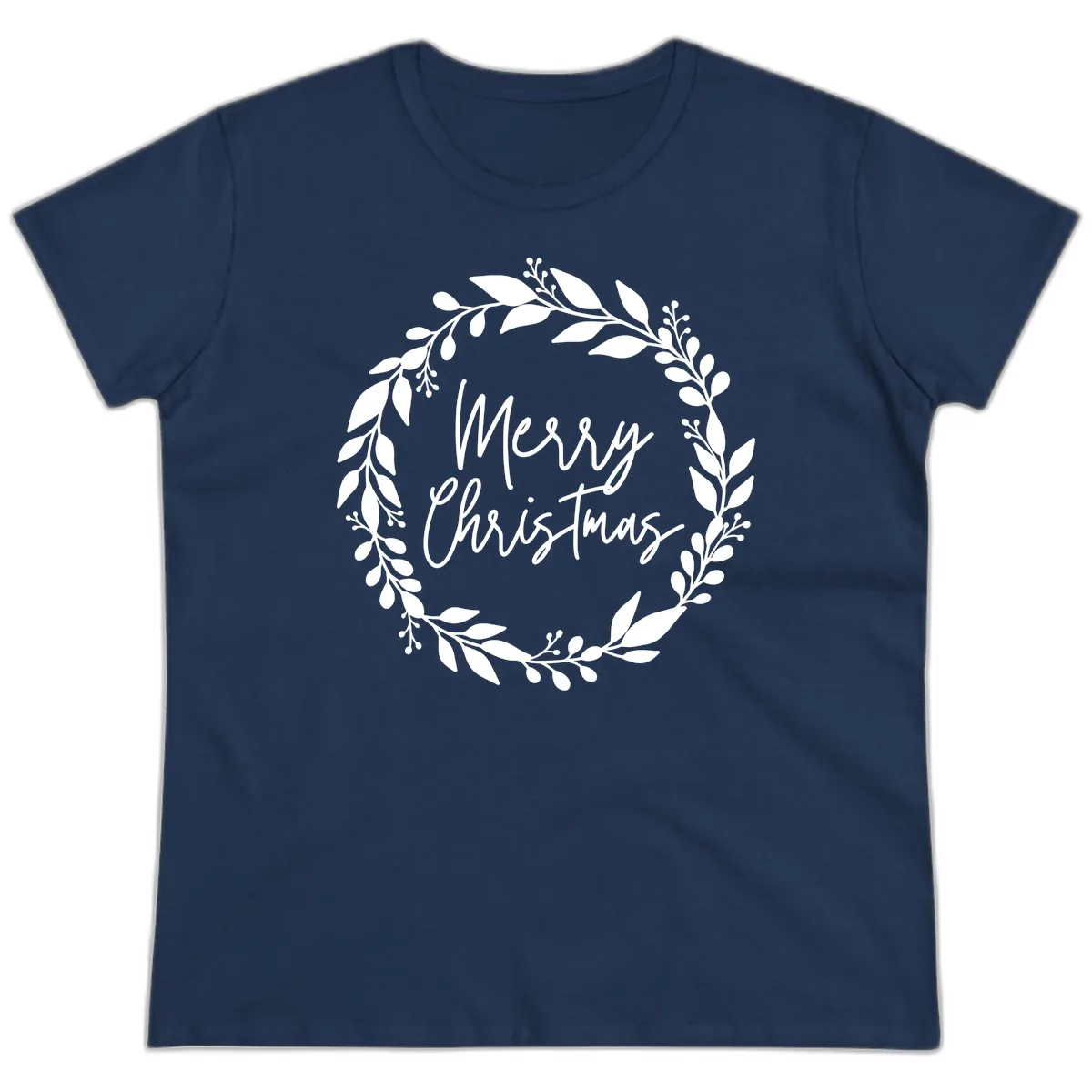 Merry Christmas Wreath Ladies Tee in Navy