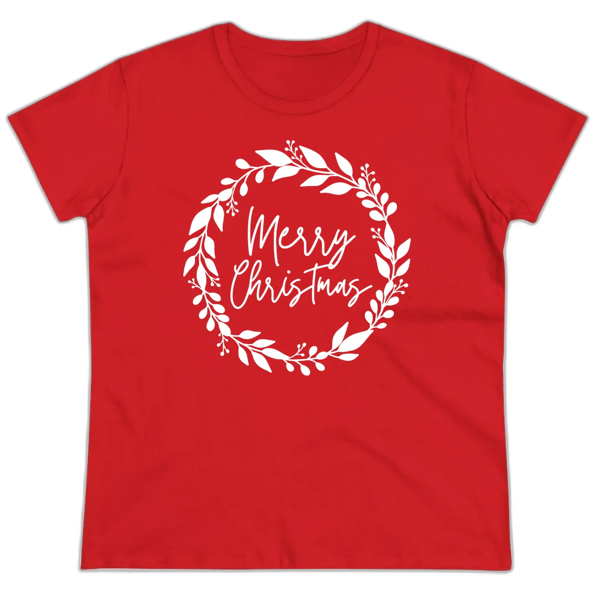 Merry Christmas Wreath Ladies Tee in Red