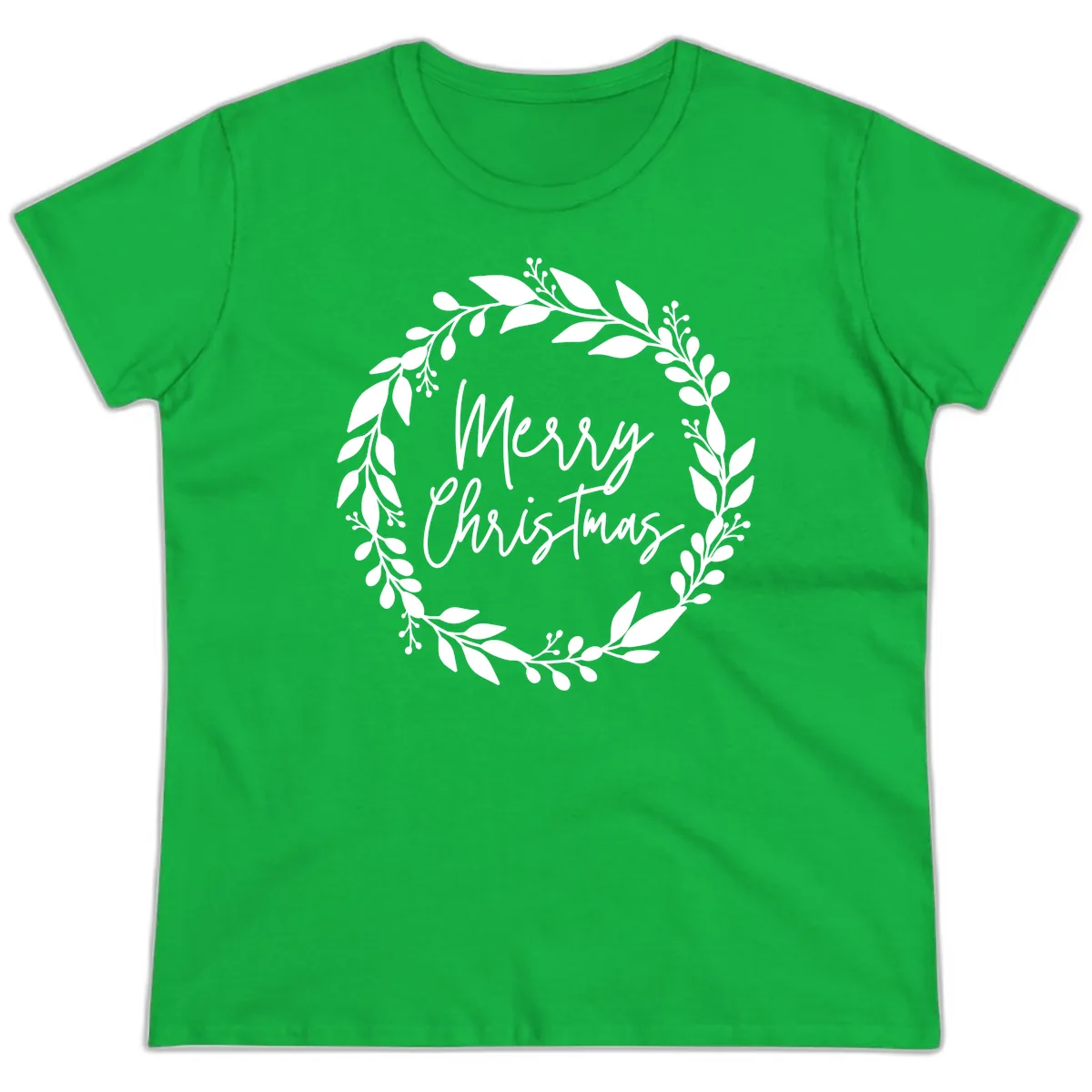 Merry Christmas Wreath Ladies Tee in Irish Green