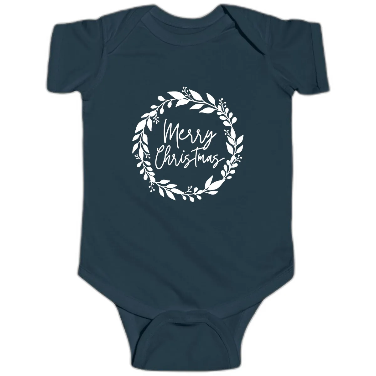 Merry Christmas Wreath Baby Onesie in Navy