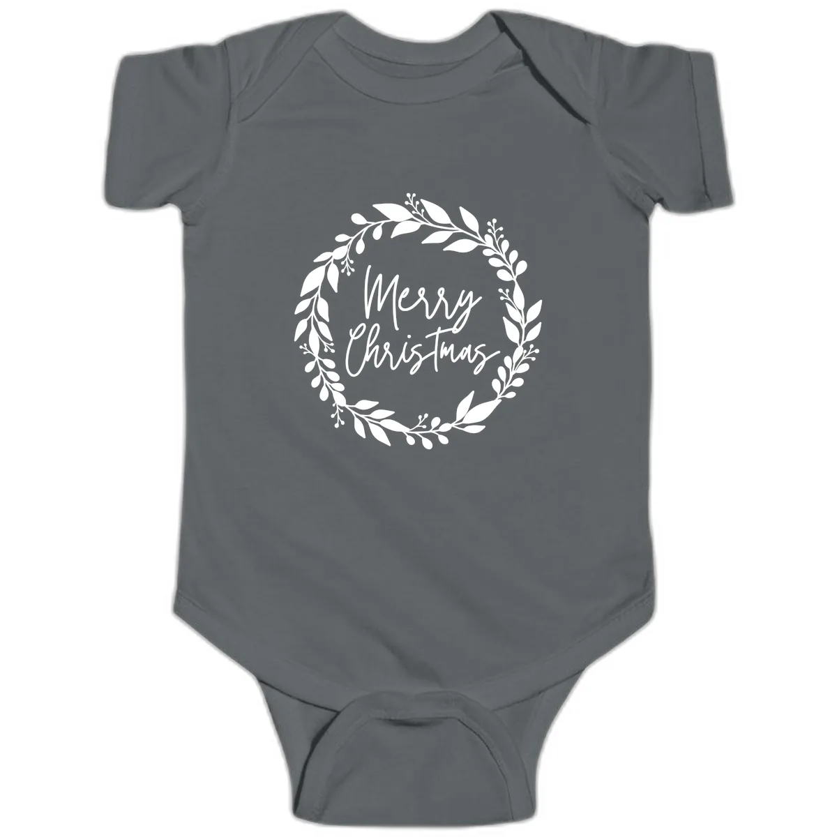 Merry Christmas Wreath Baby Onesie in Charcoal
