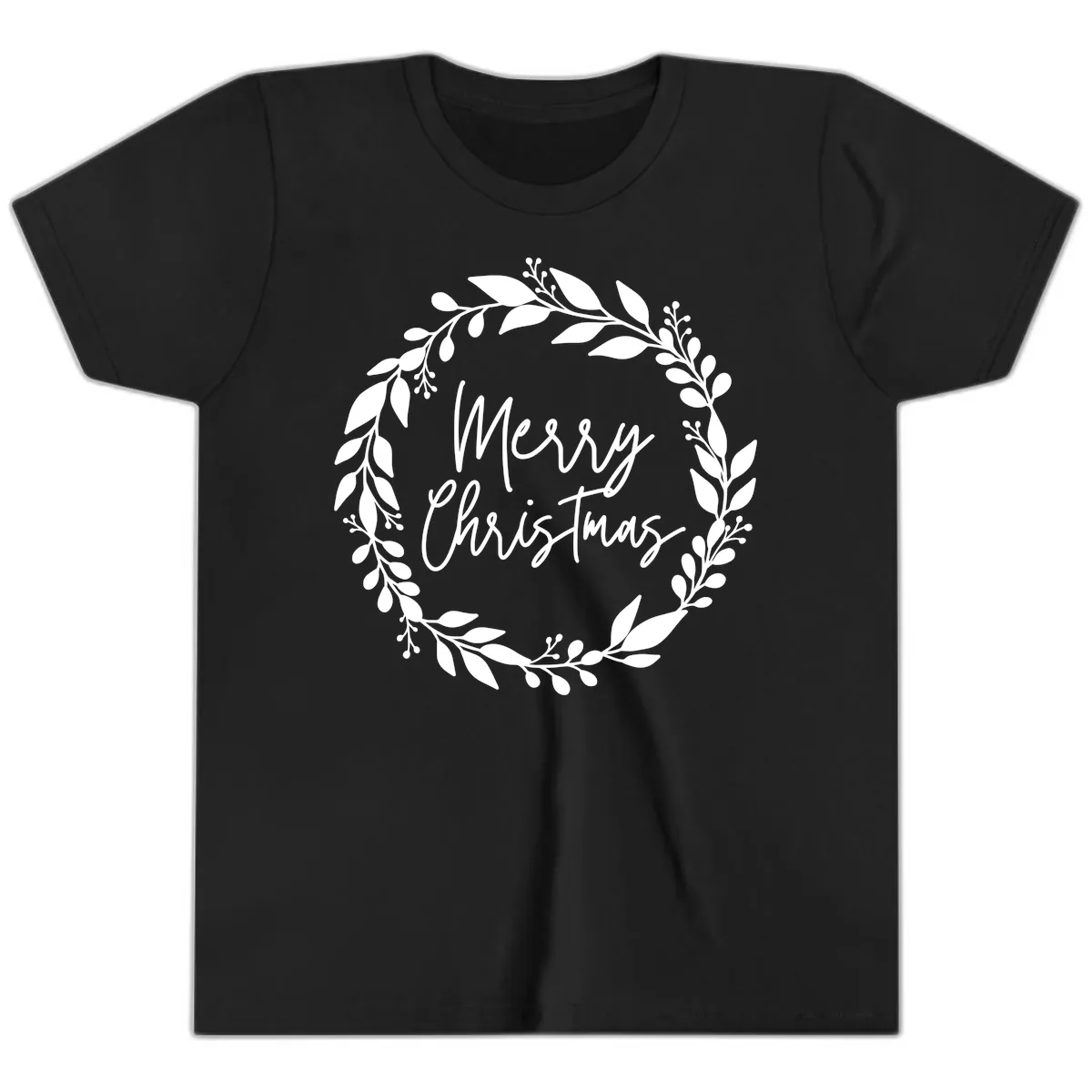 Merry Christmas Wreath Youth T-Shirt in Black