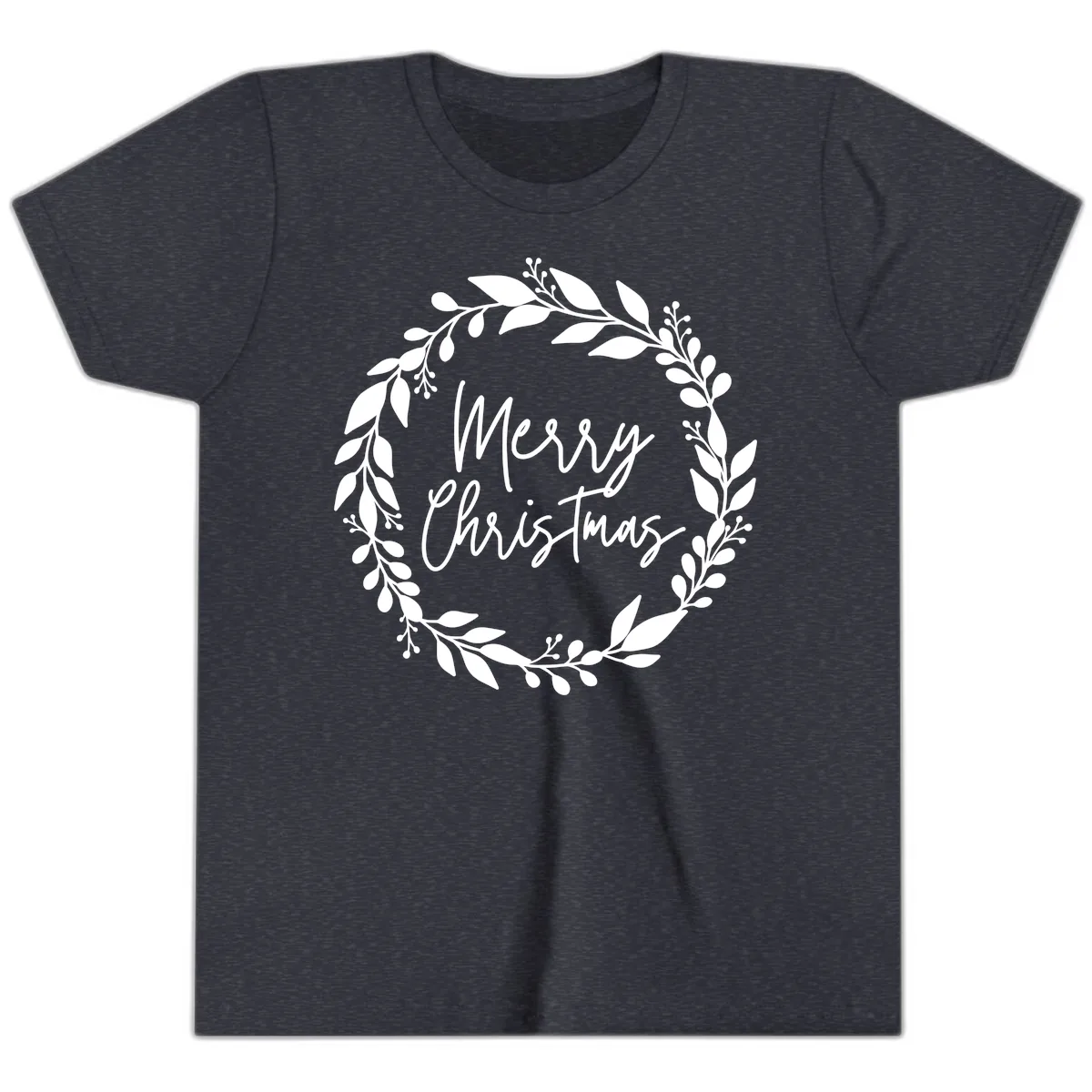 Merry Christmas Wreath Youth T-Shirt in Heather Navy