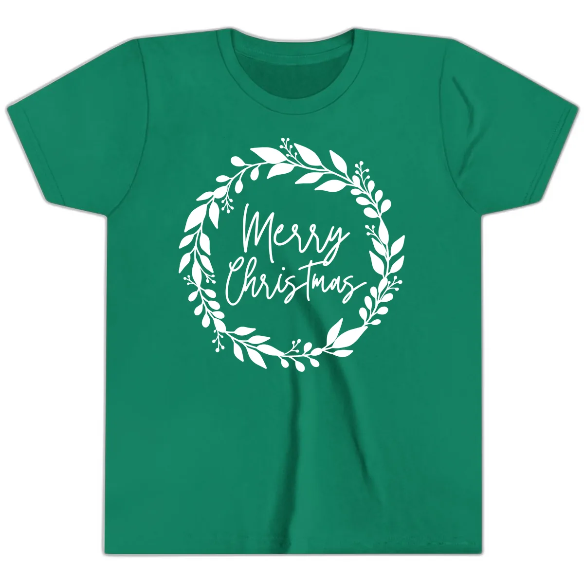 Merry Christmas Wreath Youth T-Shirt in Kelly