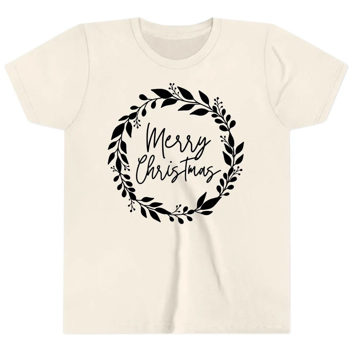 Merry Christmas Wreath Youth T-Shirt in Natural