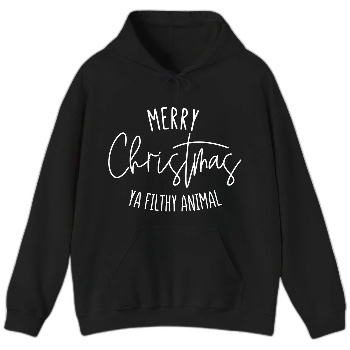 Merry Christmas Ya Filthy Animal Text Hoodie in Black
