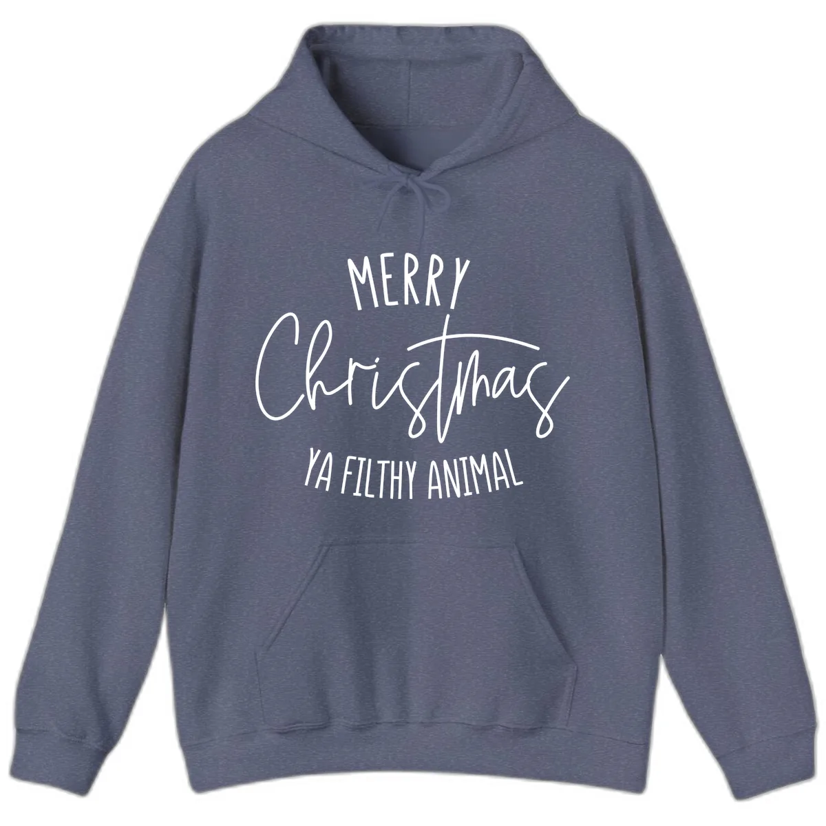 Merry Christmas Ya Filthy Animal Text Hoodie in Heather Navy