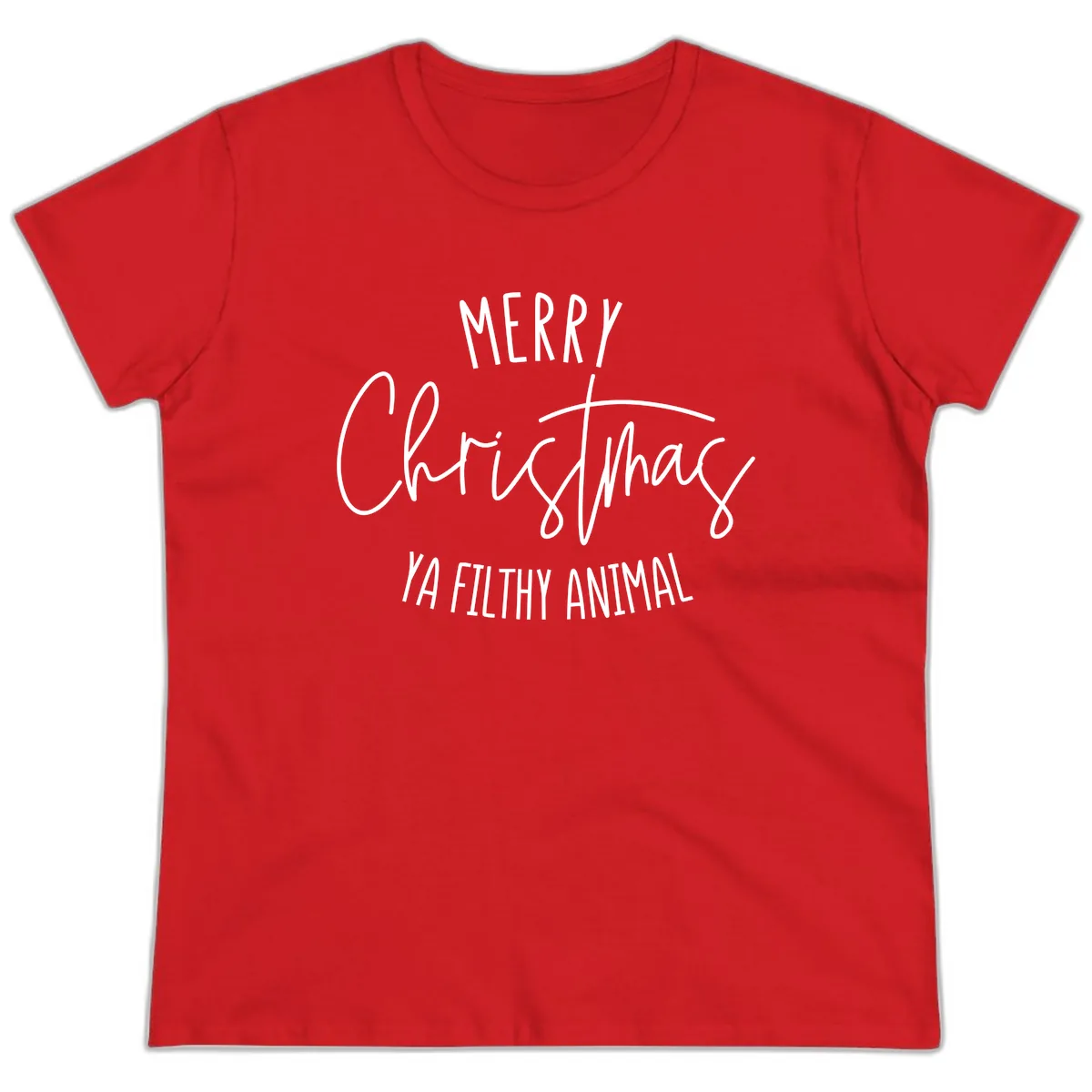 Merry Christmas Ya Filthy Animal Text Ladies Tee in Red