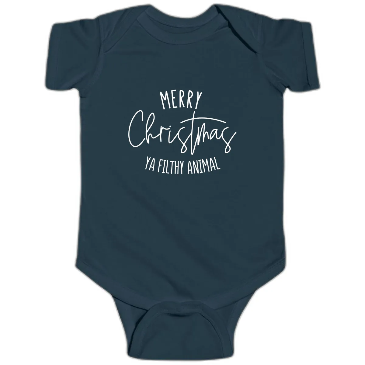 Merry Christmas Ya Filthy Animal Text Baby Onesie in Navy