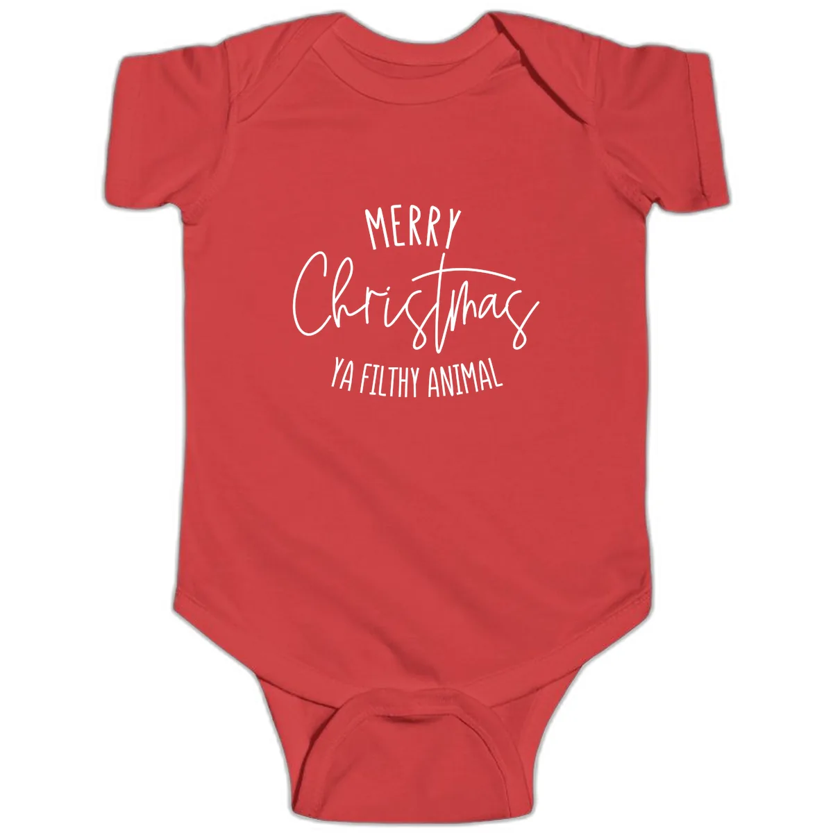 Merry Christmas Ya Filthy Animal Text Baby Onesie in Red