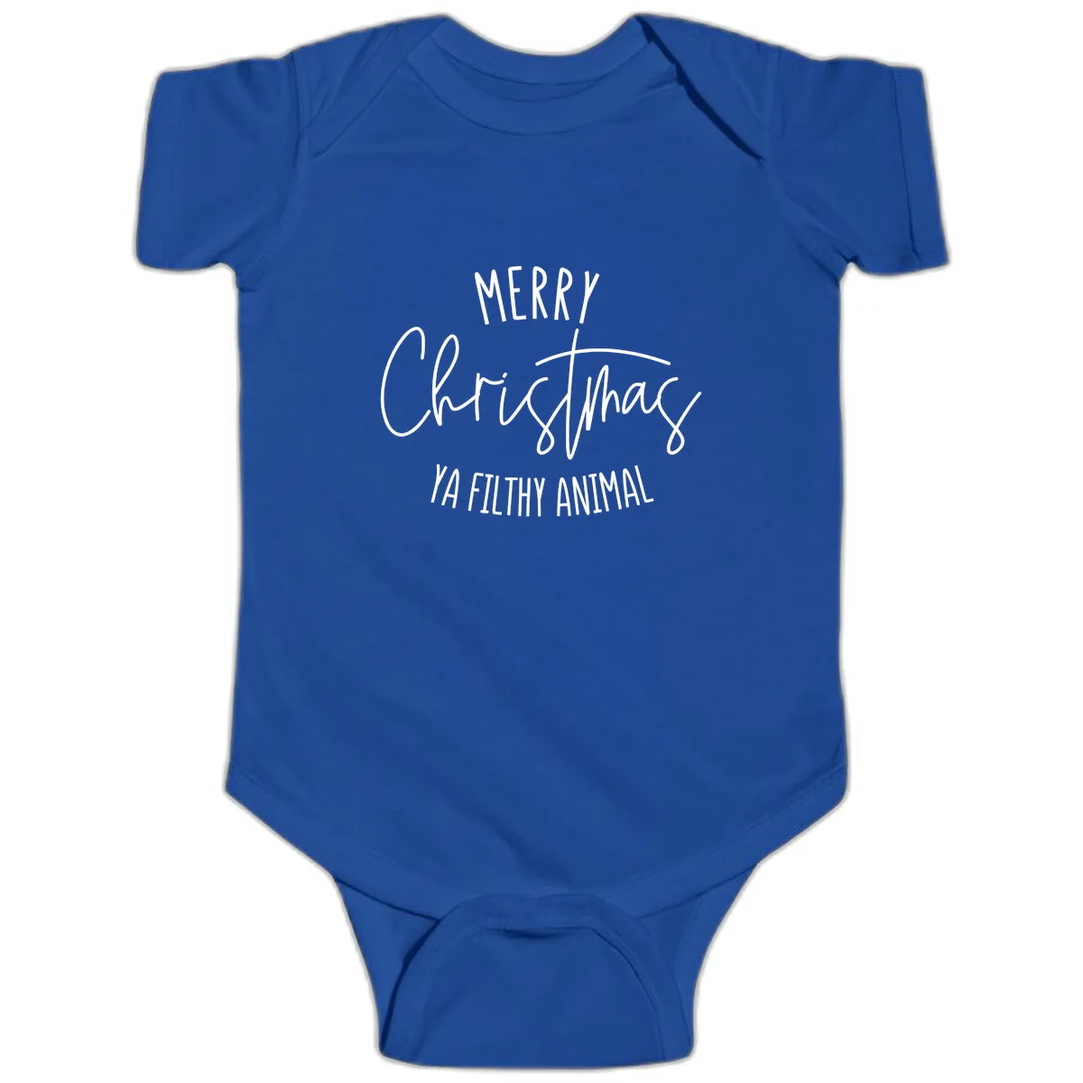 Merry Christmas Ya Filthy Animal Text Baby Onesie in Royal