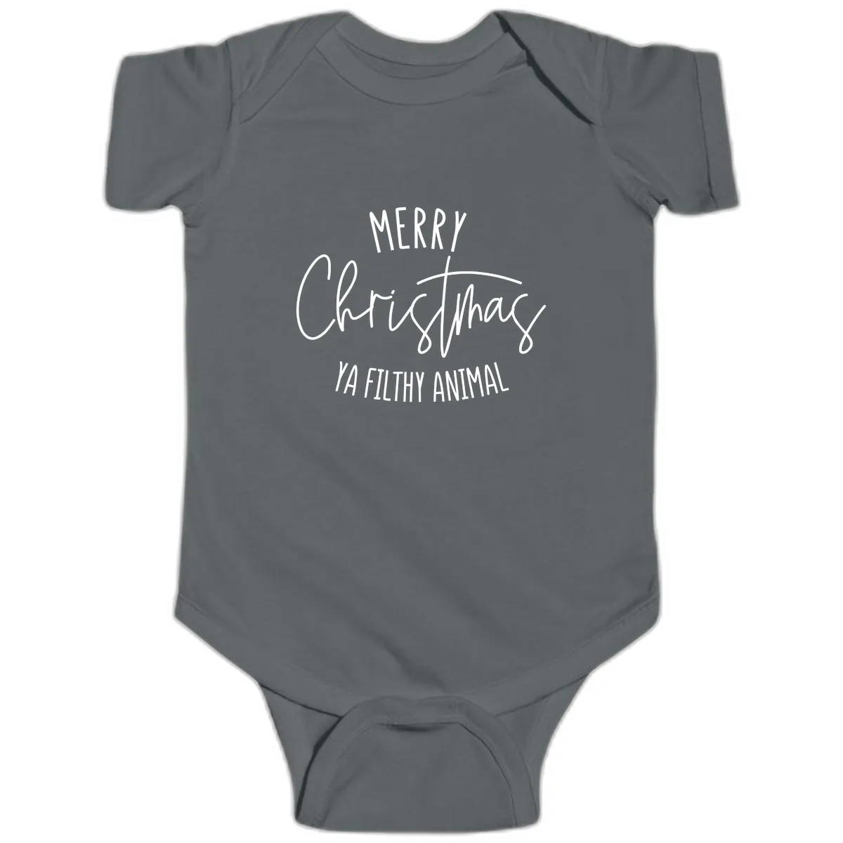 Merry Christmas Ya Filthy Animal Text Baby Onesie in Charcoal