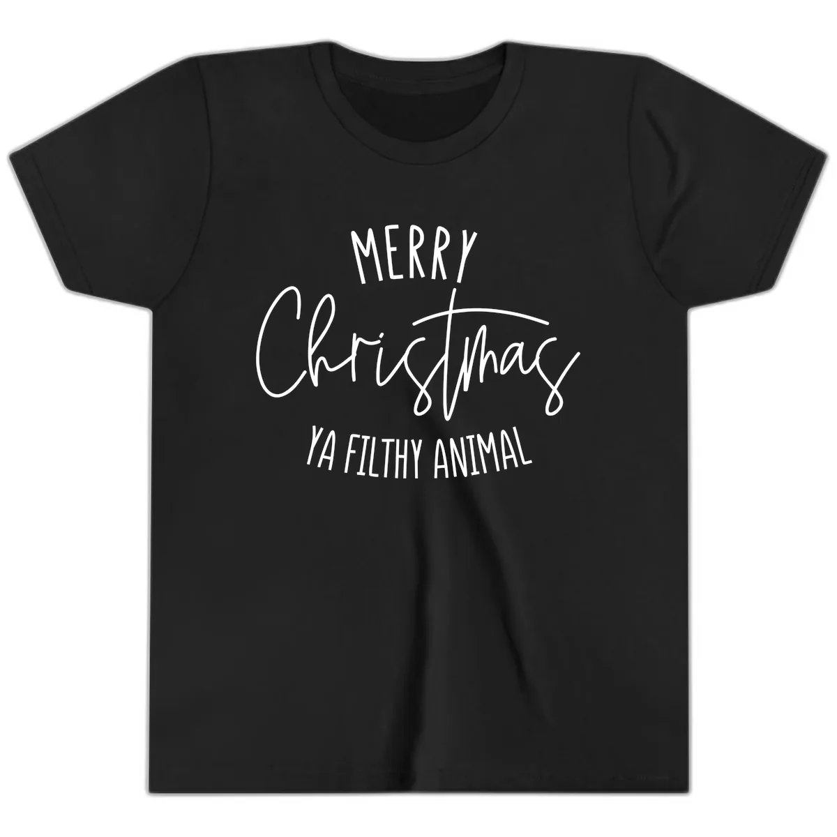 Merry Christmas Ya Filthy Animal Text Youth T-Shirt in Black