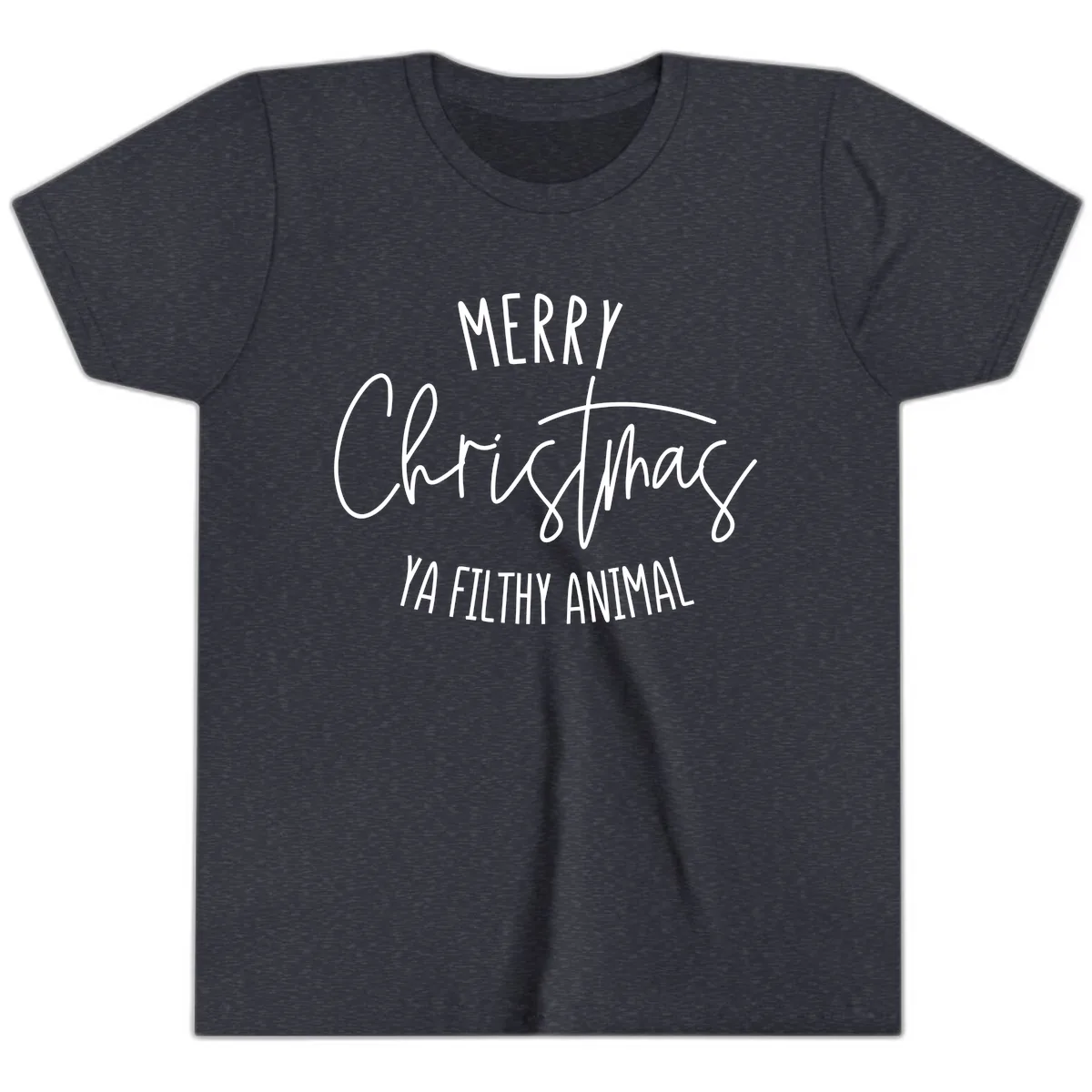Merry Christmas Ya Filthy Animal Text Youth T-Shirt in Heather Navy