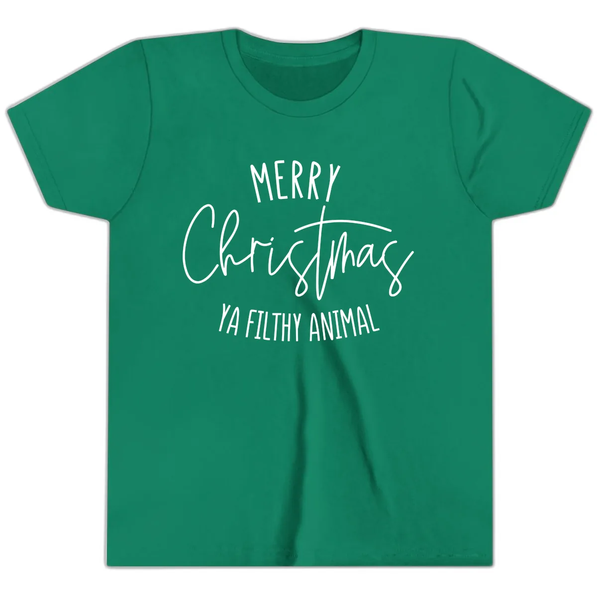 Merry Christmas Ya Filthy Animal Text Youth T-Shirt in Kelly