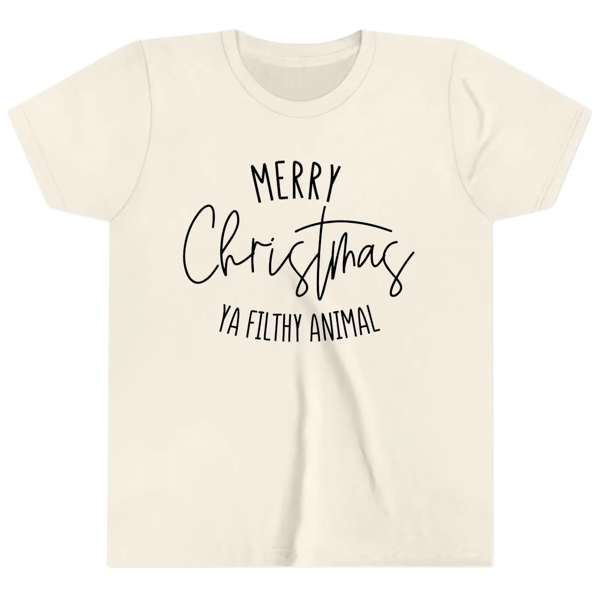 Merry Christmas Ya Filthy Animal Text Youth T-Shirt in Natural