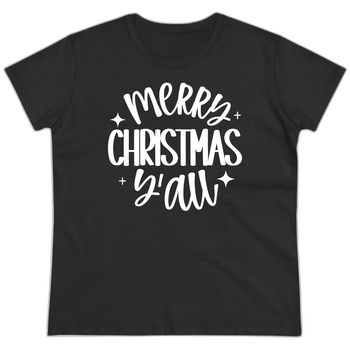 Merry Christmas Y'all Hand Lettered Design Ladies Tee in Black