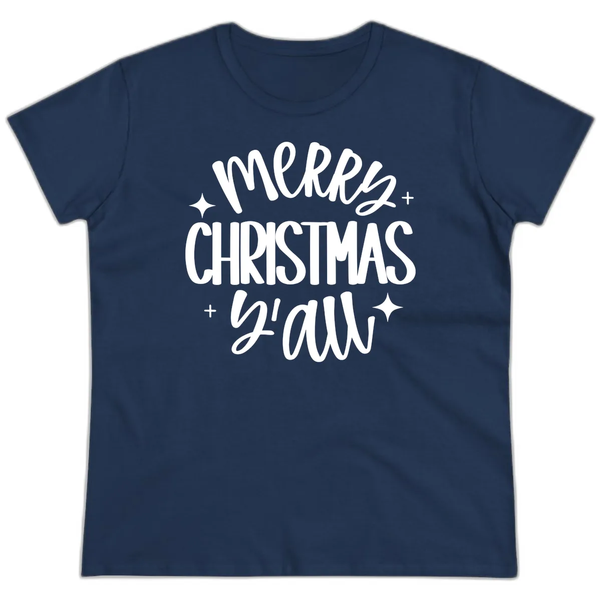 Merry Christmas Y'all Hand Lettered Design Ladies Tee in Navy