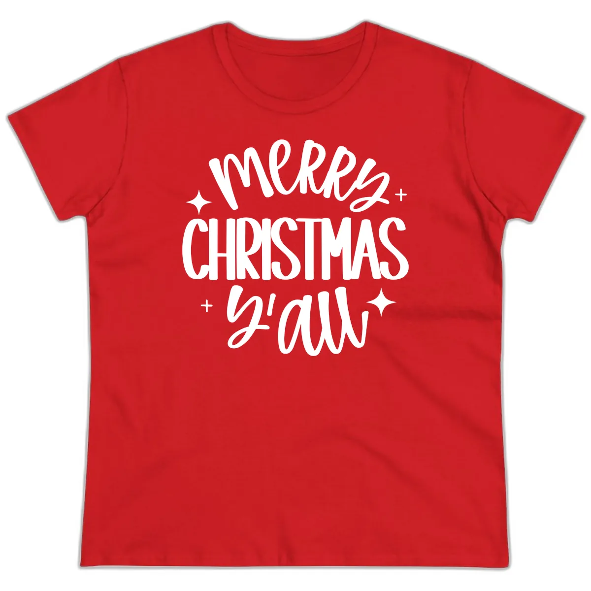 Merry Christmas Y'all Hand Lettered Design Ladies Tee in Red