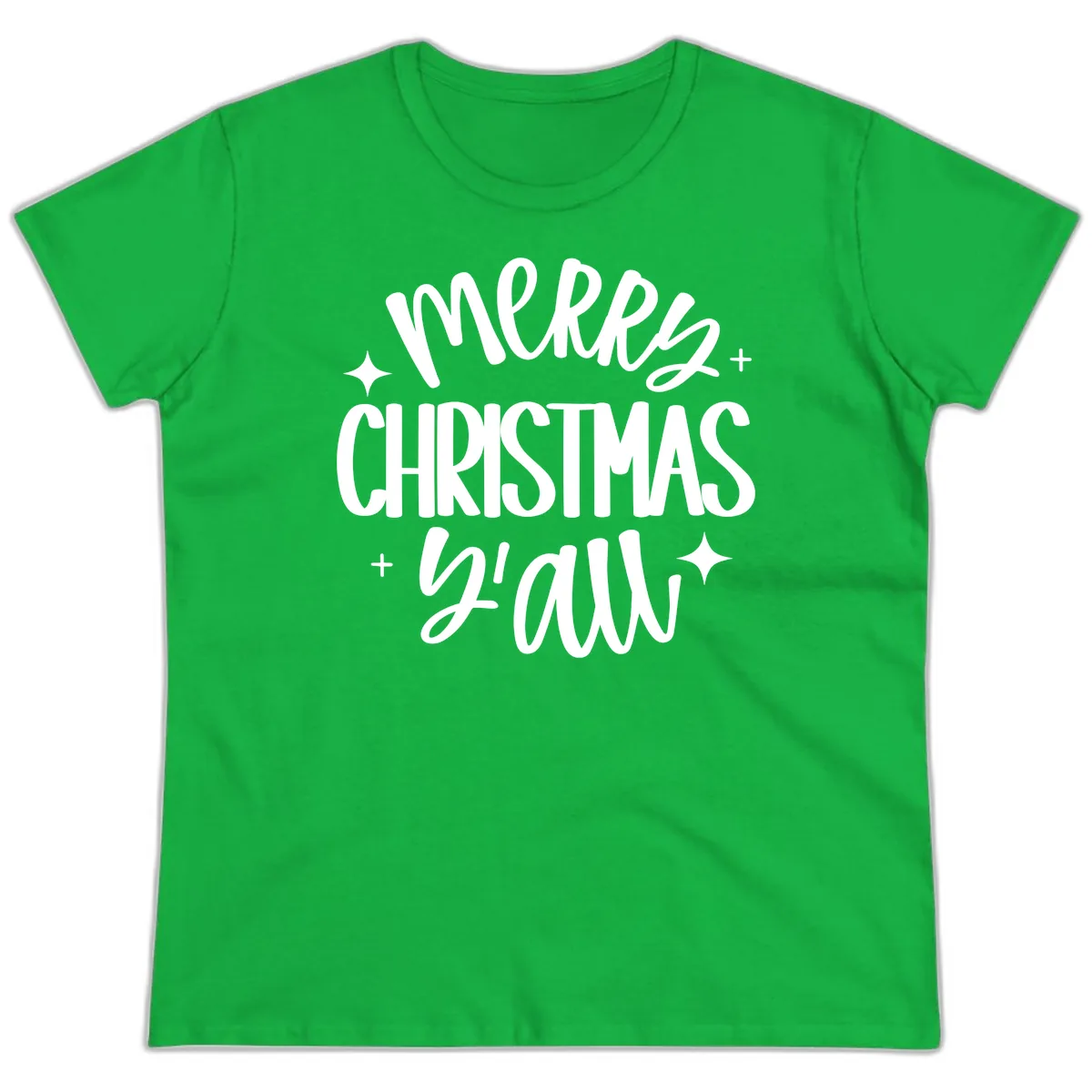 Merry Christmas Y'all Hand Lettered Design Ladies Tee in Irish Green