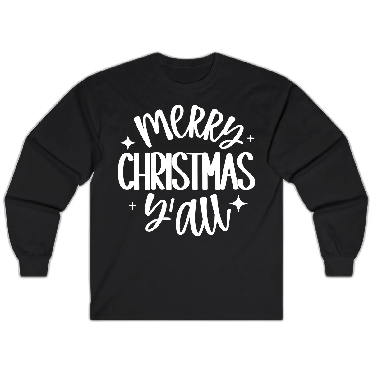 Merry Christmas Y'all Hand Lettered Design Long Sleeve in Black