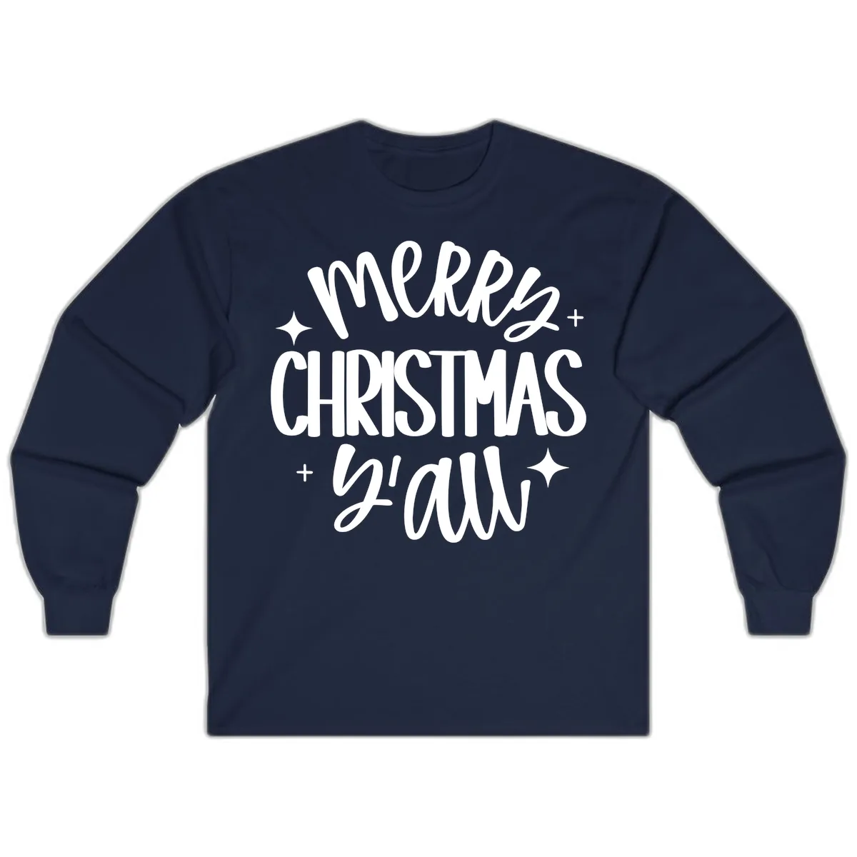 Merry Christmas Y'all Hand Lettered Design Long Sleeve in Navy