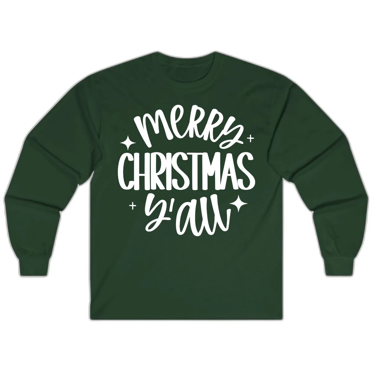 Merry Christmas Y'all Hand Lettered Design Long Sleeve in Forest Green