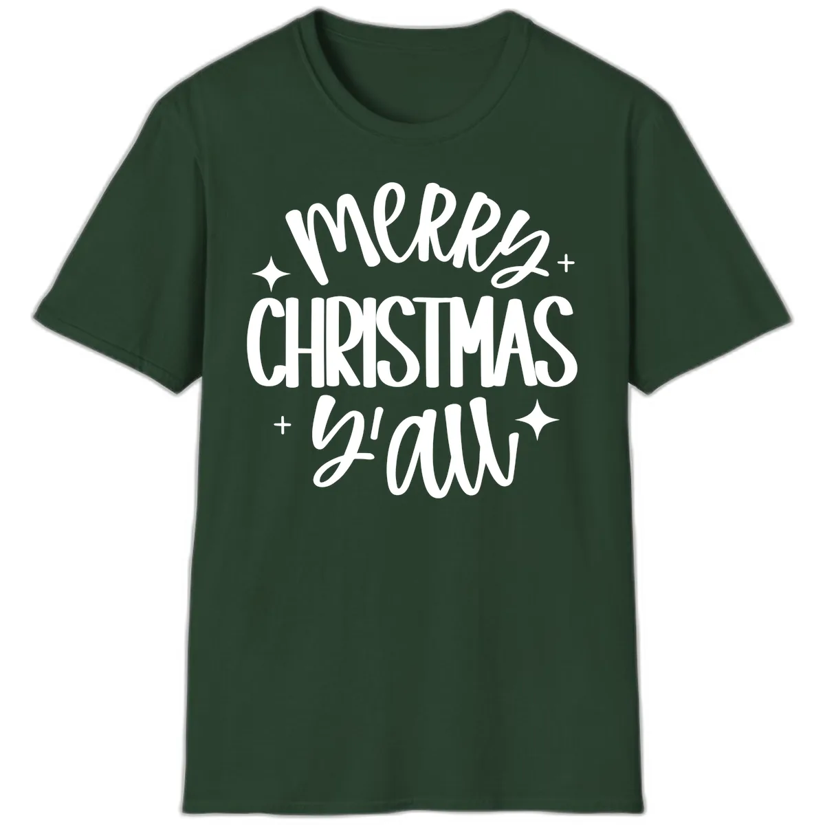 Merry Christmas Y'all Hand Lettered Design T-Shirt in Forest Green