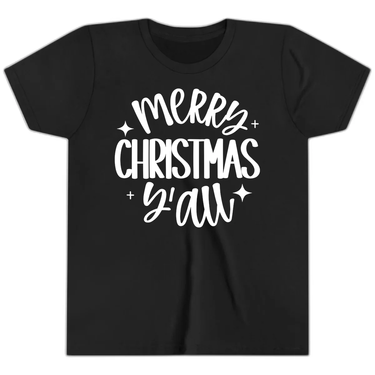 Merry Christmas Y'all Hand Lettered Design Youth T-Shirt in Black