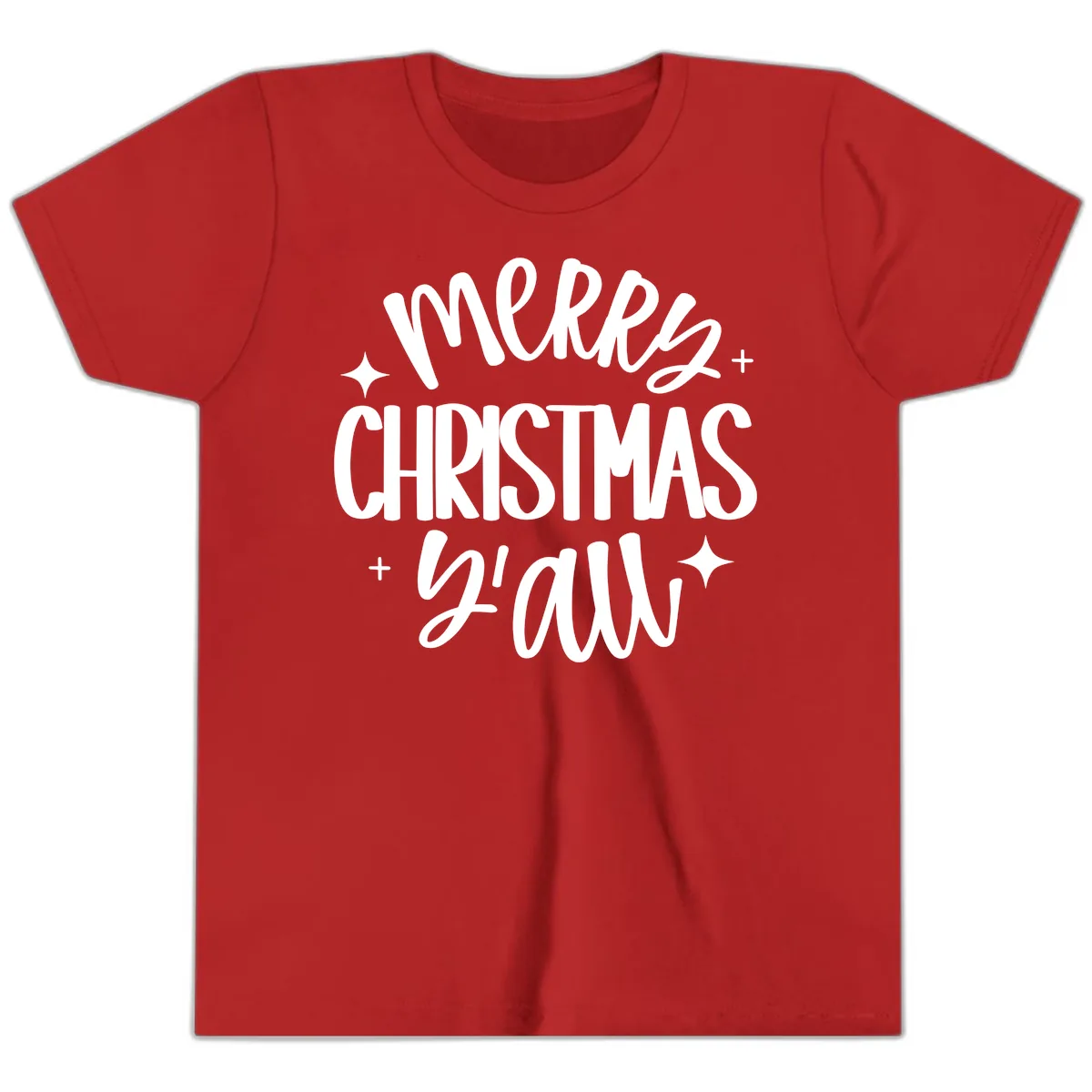 Merry Christmas Y'all Hand Lettered Design Youth T-Shirt in Red