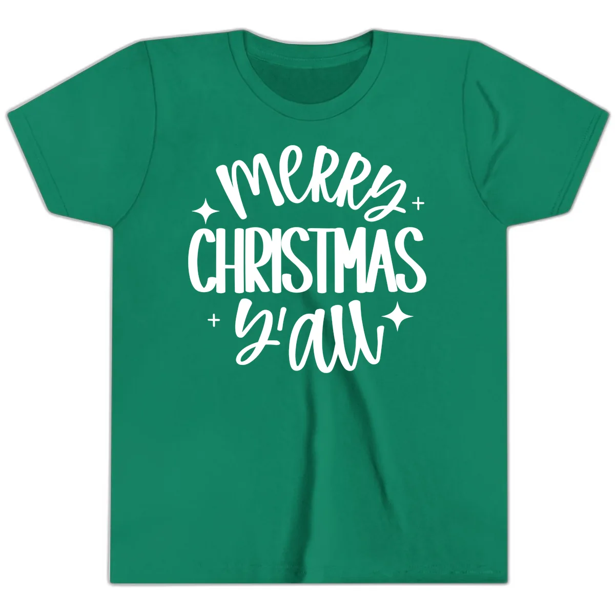 Merry Christmas Y'all Hand Lettered Design Youth T-Shirt in Kelly