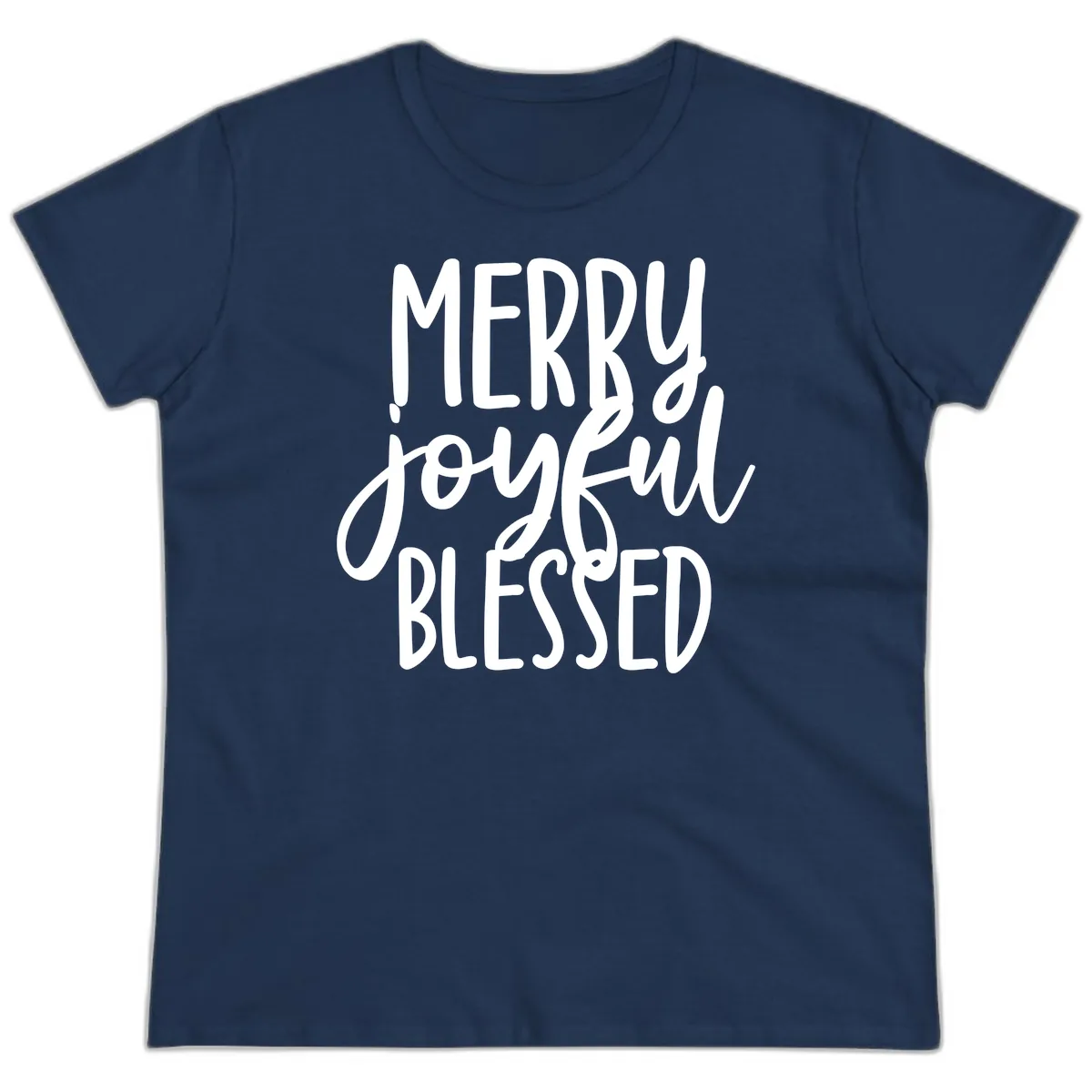 Merry Joyful Blessed Holiday Typography Ladies Tee in Navy