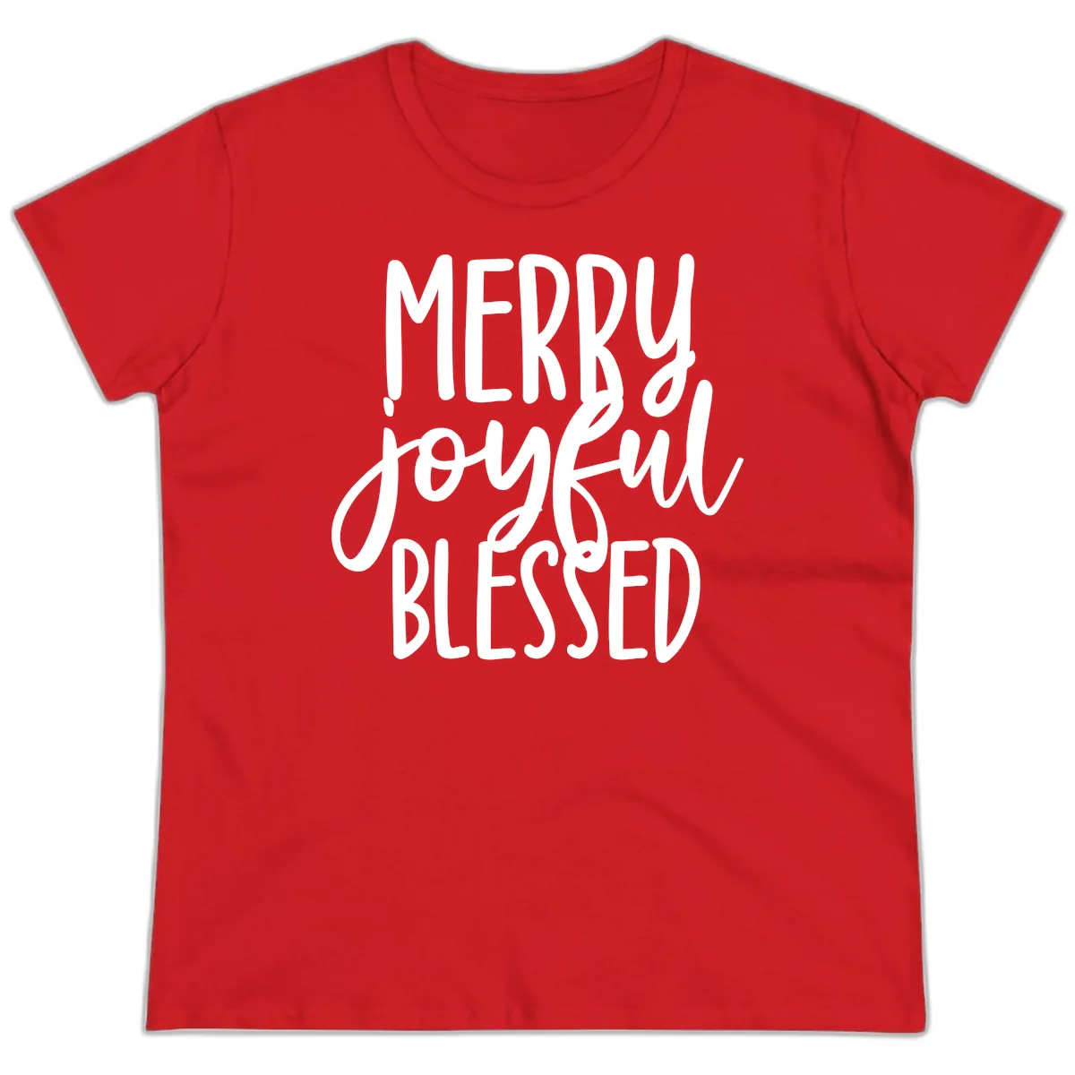 Merry Joyful Blessed Holiday Typography Ladies Tee in Red