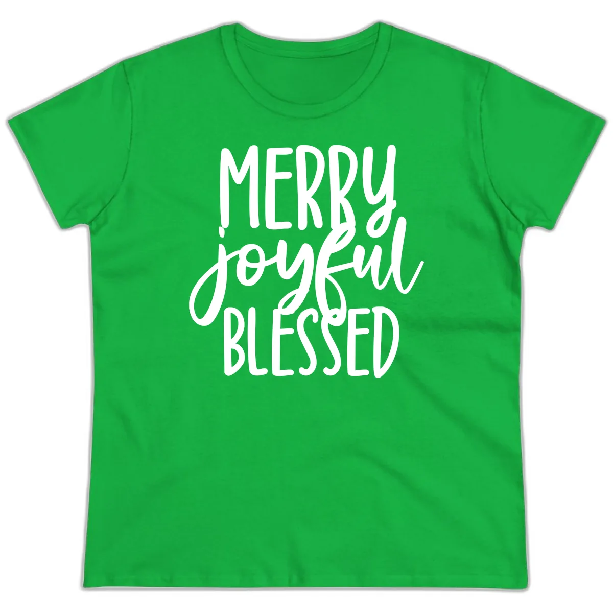 Merry Joyful Blessed Holiday Typography Ladies Tee in Irish Green
