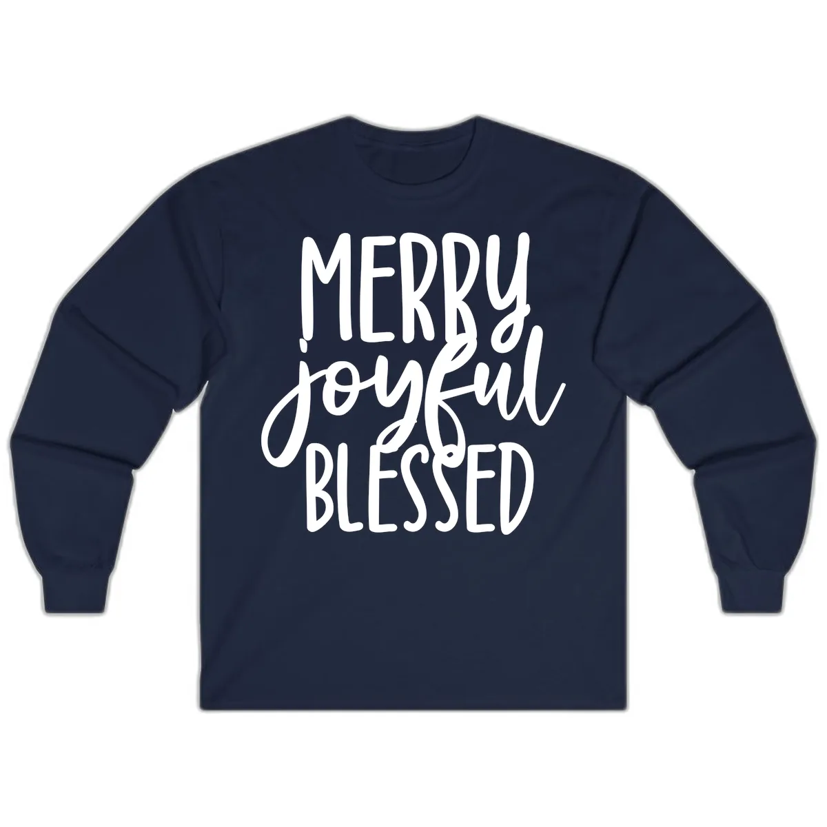 Merry Joyful Blessed Holiday Typography Long Sleeve in Navy