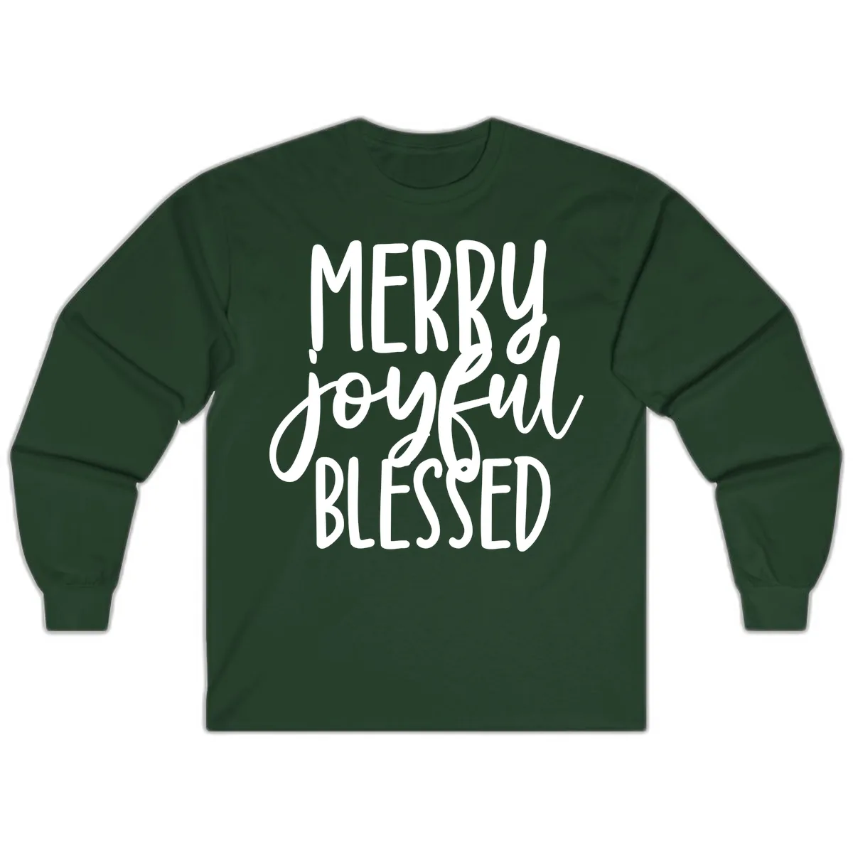 Merry Joyful Blessed Holiday Typography Long Sleeve in Forest Green