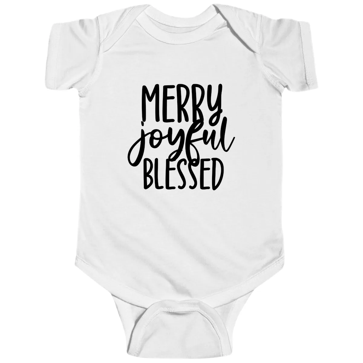 Merry Joyful Blessed Holiday Typography Baby Onesie in White