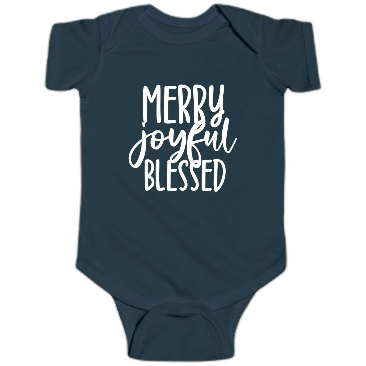 Merry Joyful Blessed Holiday Typography Baby Onesie in Navy