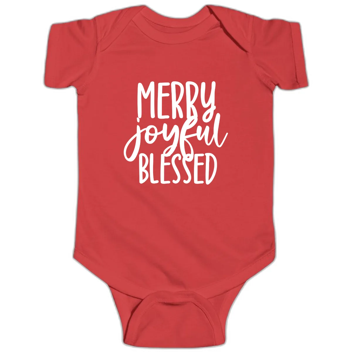 Merry Joyful Blessed Holiday Typography Baby Onesie in Red