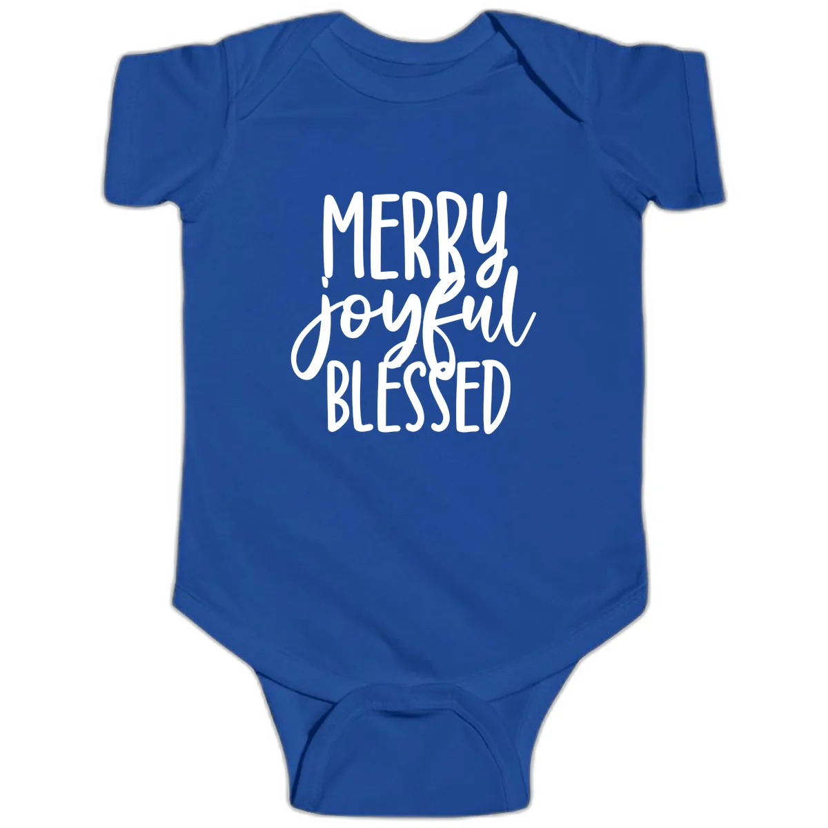Merry Joyful Blessed Holiday Typography Baby Onesie in Royal