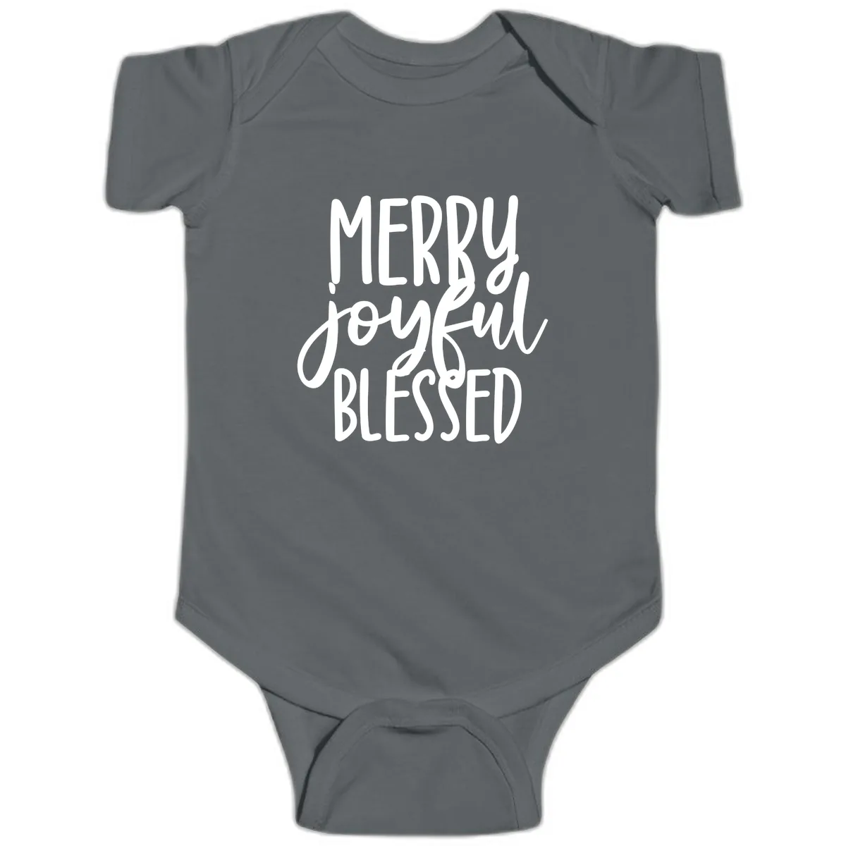 Merry Joyful Blessed Holiday Typography Baby Onesie in Charcoal